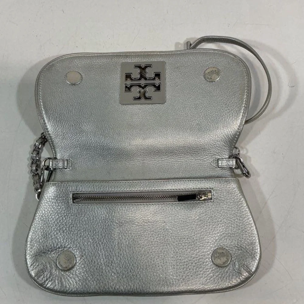 Women’s Tory Burch Metallic Silver Leather Flap Crossbody Bag